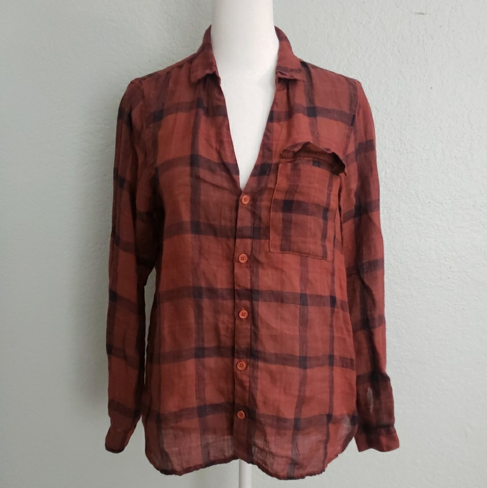 Free people × CP shades linen brown plaid button up sz S